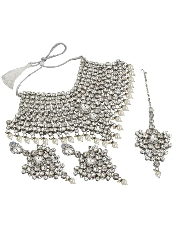 Tehzeeb Creations Platinum Plated Silver Polish Stone Mini Bridal Choker Set for Women & Girls | Grocsy