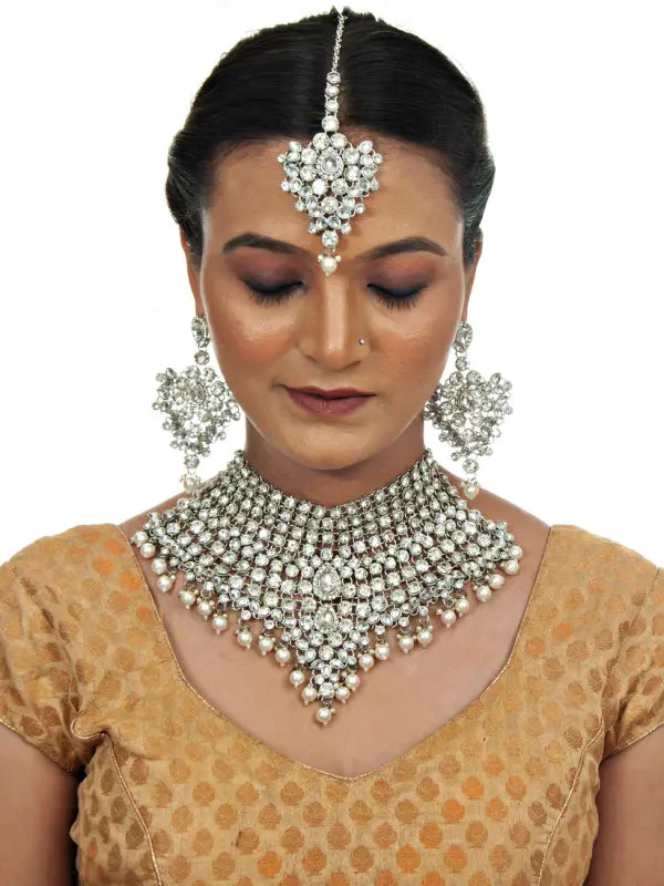 Tehzeeb Creations Platinum Plated Silver Polish Stone Mini Bridal Choker Set for Women & Girls | Grocsy