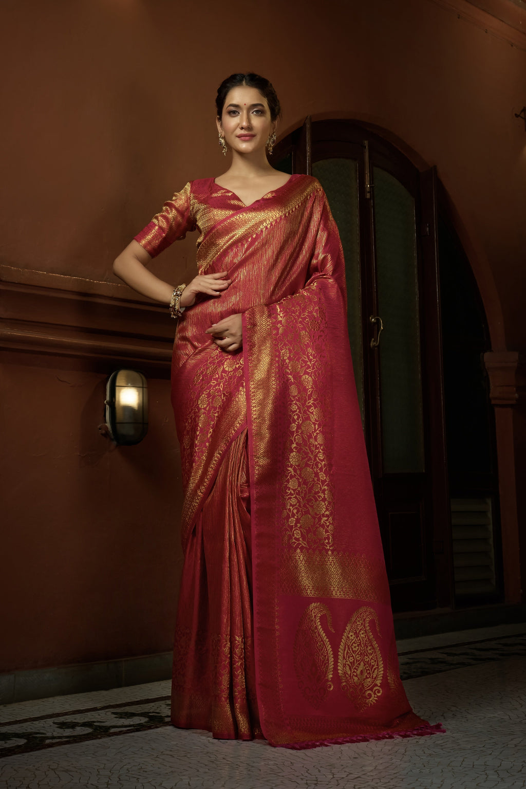 Vardha Carmine Red Golden Zari Kanjeevaram Silk Saree | Grocsy