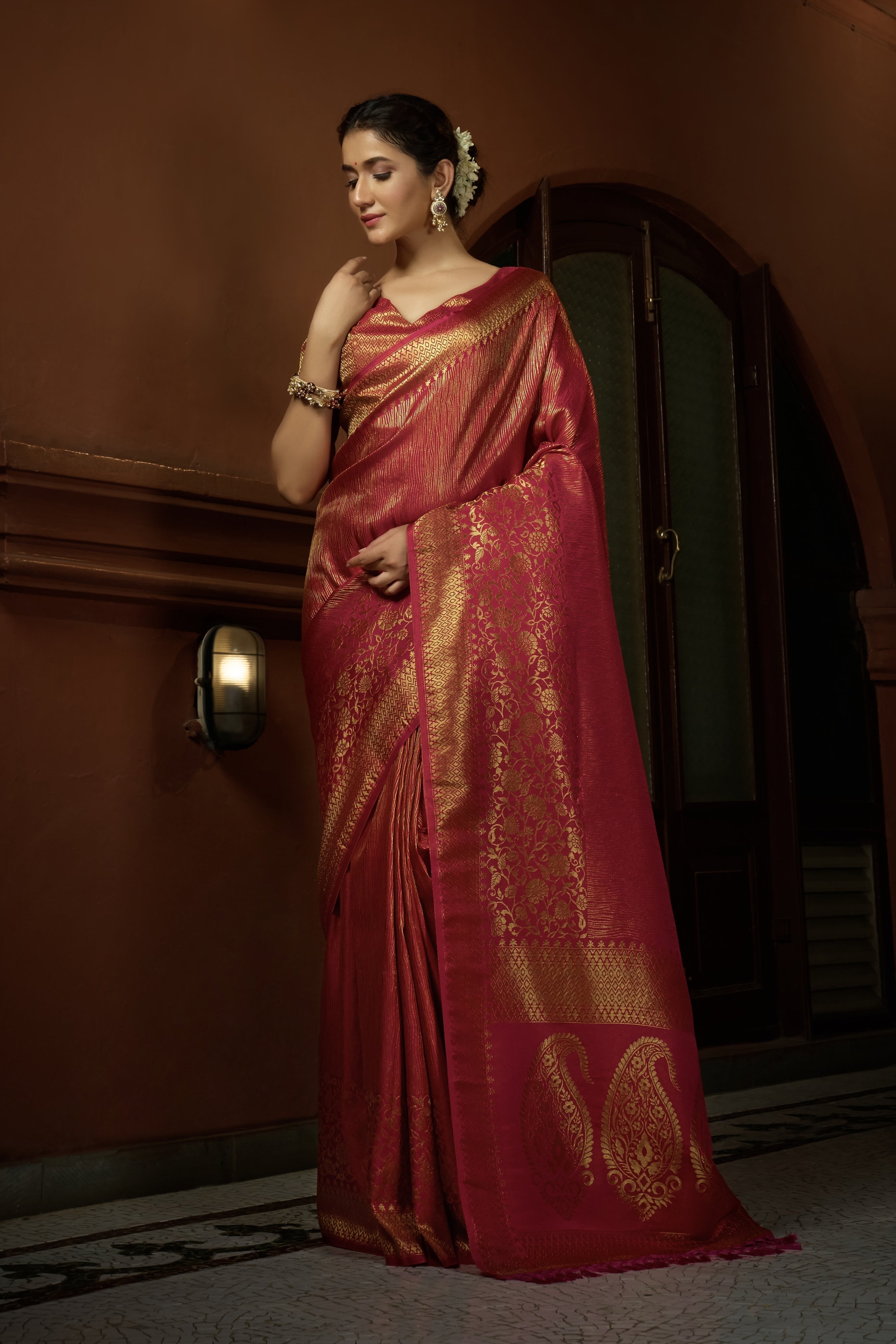 Vardha Carmine Red Golden Zari Kanjeevaram Silk Saree | Grocsy