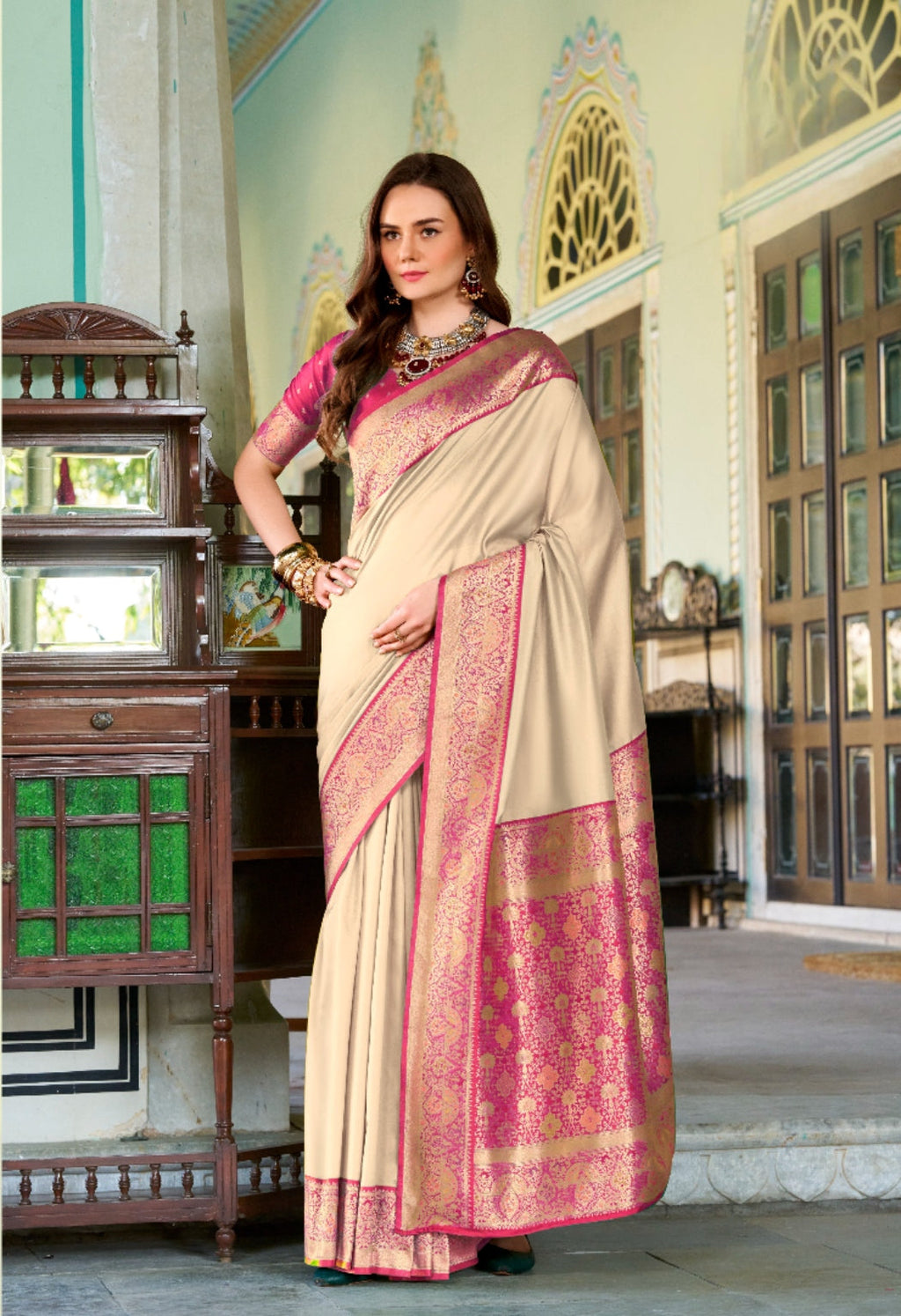 Anaita Beige Soft Silk Zari Weaving Saree With Blouse Piece | Grocsy