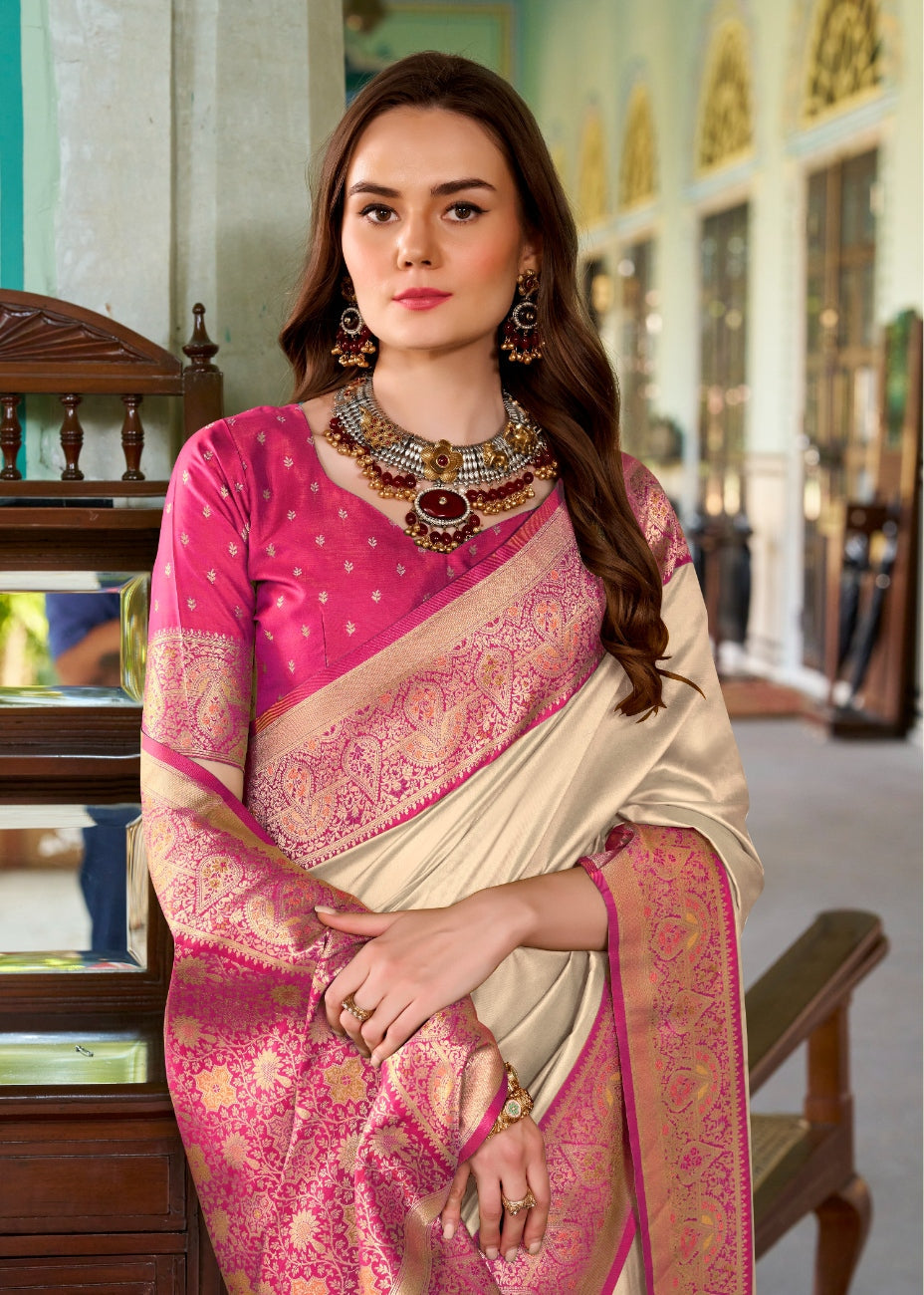 Anaita Beige Soft Silk Zari Weaving Saree With Blouse Piece | Grocsy