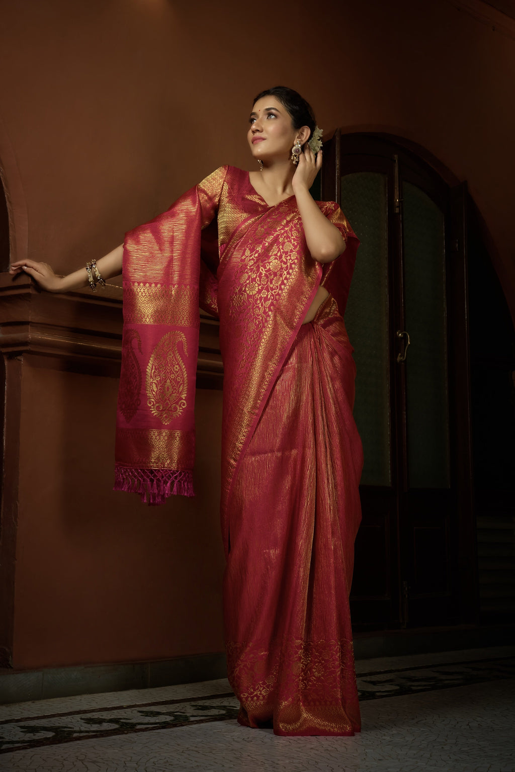 Vardha Carmine Red Golden Zari Kanjeevaram Silk Saree | Grocsy