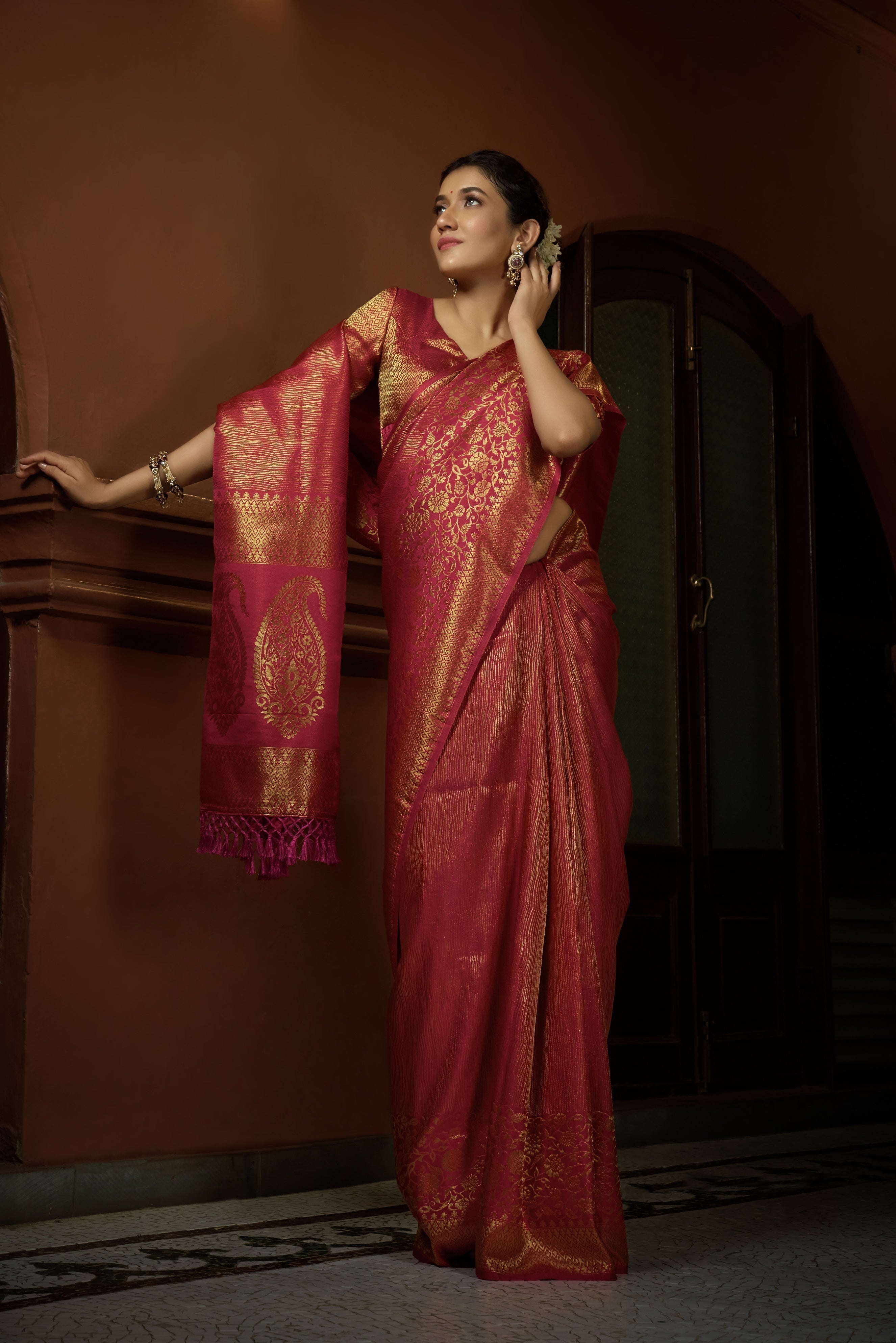 Vardha Carmine Red Golden Zari Kanjeevaram Silk Saree | Grocsy