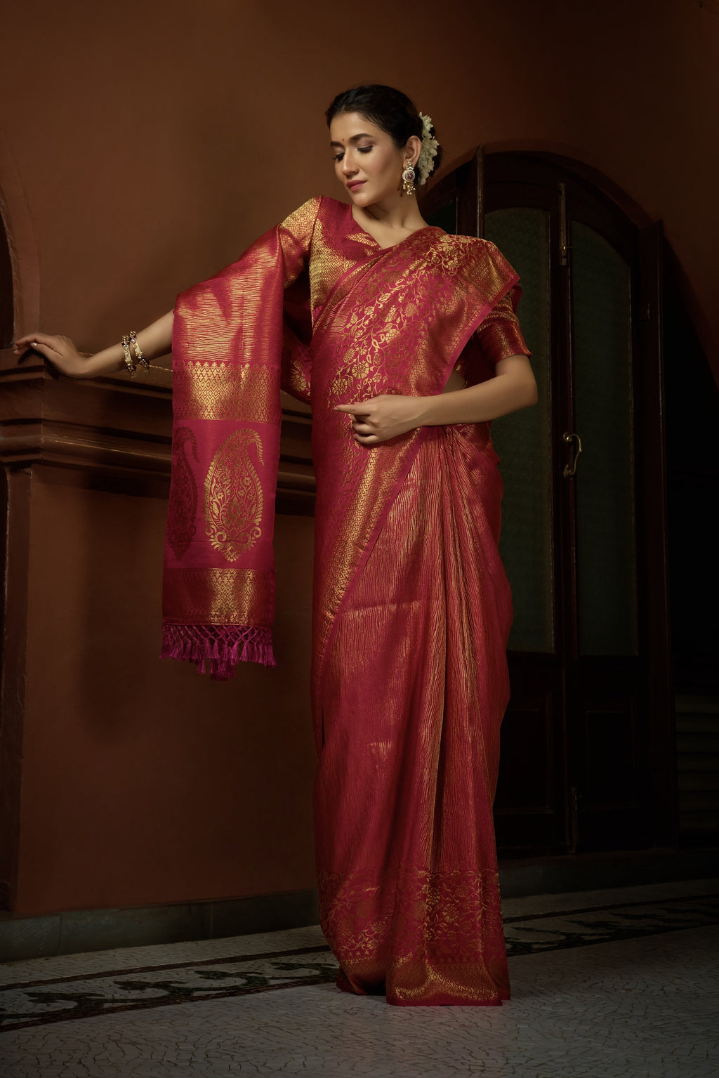 Vardha Carmine Red Golden Zari Kanjeevaram Silk Saree | Grocsy