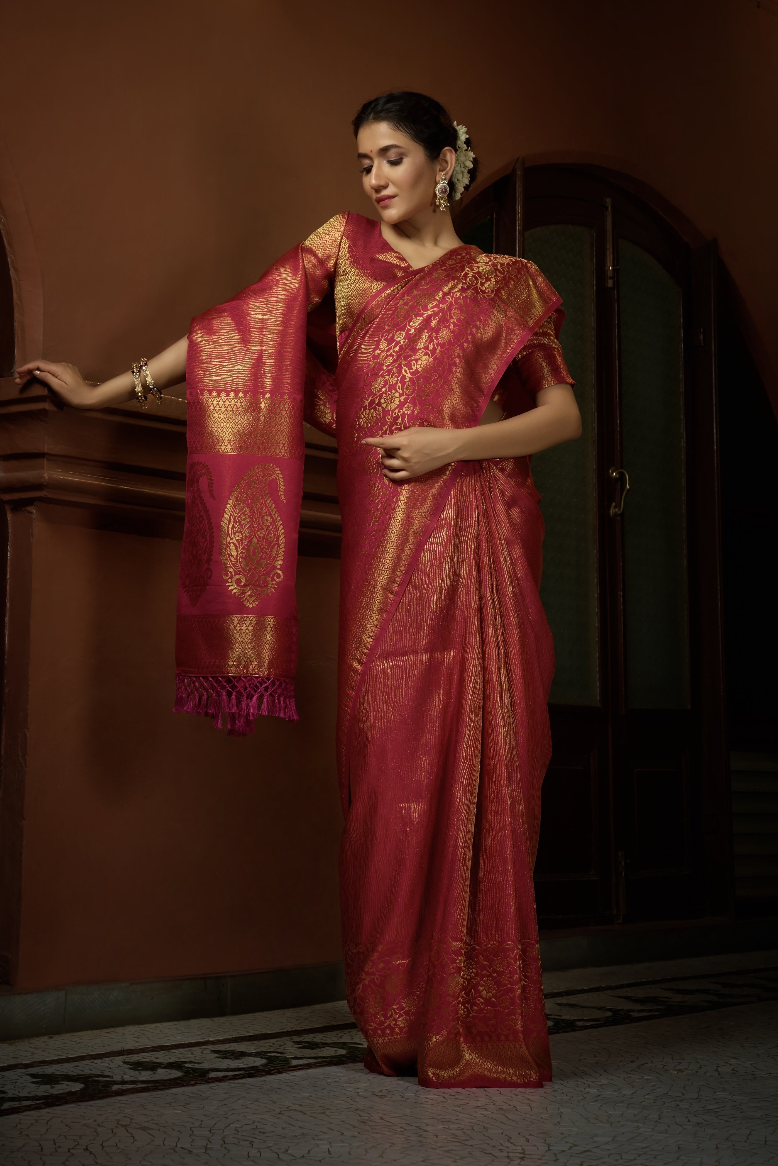 Vardha Carmine Red Golden Zari Kanjeevaram Silk Saree | Grocsy