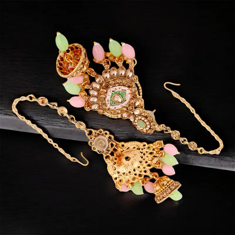 Tehzeeb Creations Traditional Designer Kundan Stone Pink and Mint Meenakari Choker Bridal Set | Grocsy