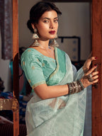 Stylee Lifestyle Green Organza Woven Saree | Grocsy