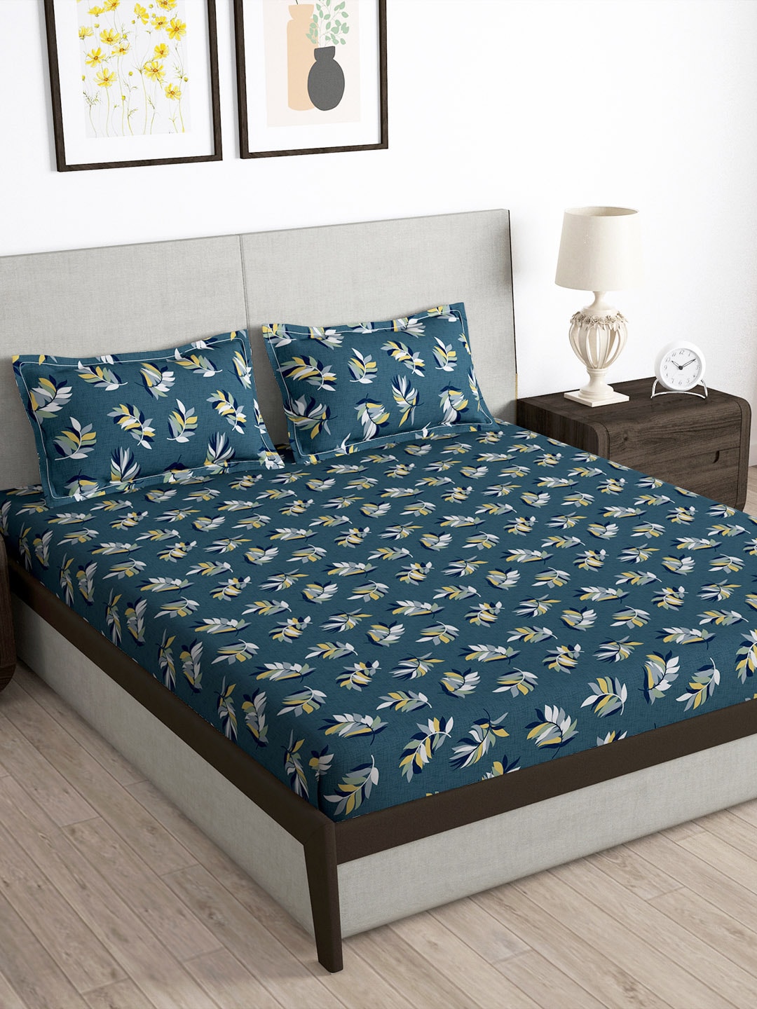 Story@home Arena Grey & Yellow Floral Printed 180 TC Queen Bedsheet & 2 Pillow Covers | Grocsy