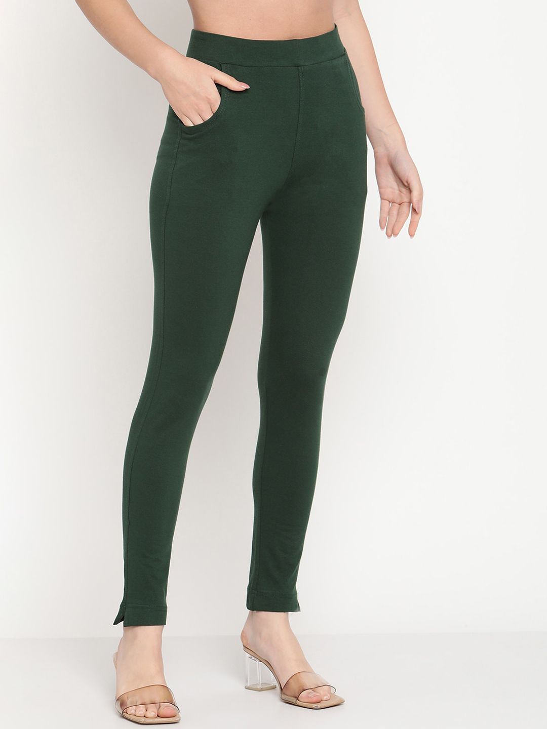 TAG 7 Women Green Solid Ankle Length Leggings | Grocsy