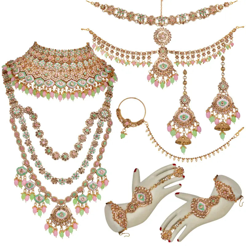 Tehzeeb Creations Traditional Designer Kundan Stone Pink and Mint Meenakari Choker Bridal Set | Grocsy