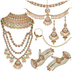 Tehzeeb Creations Traditional Designer Kundan Stone Pink and Mint Meenakari Choker Bridal Set | Grocsy