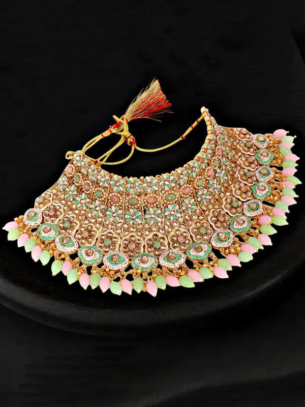 Tehzeeb Creations Traditional Designer Kundan Stone Pink and Mint Meenakari Choker Bridal Set | Grocsy