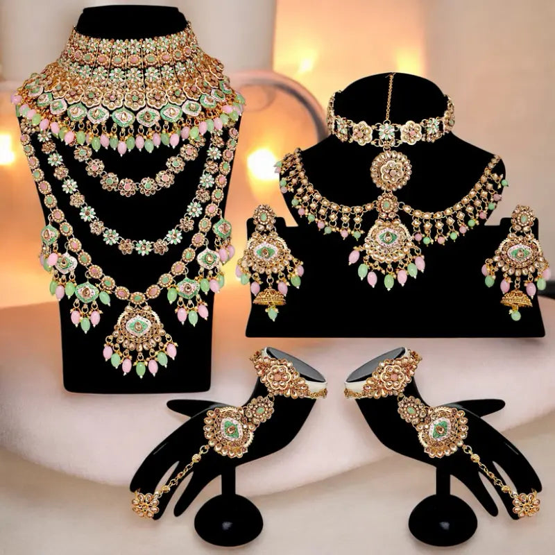 Tehzeeb Creations Traditional Designer Kundan Stone Pink and Mint Meenakari Choker Bridal Set | Grocsy