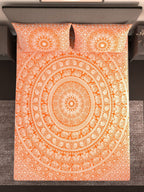 Varde Orange & White Ethnic Motifs Cotton 210 TC King Bedsheet With 2 Pillow Covers | Grocsy