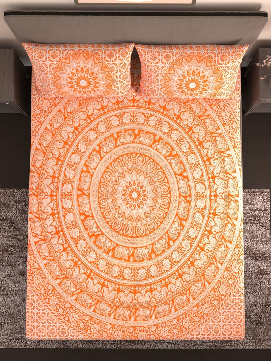 Varde Orange & White Ethnic Motifs Cotton 210 TC King Bedsheet With 2 Pillow Covers | Grocsy