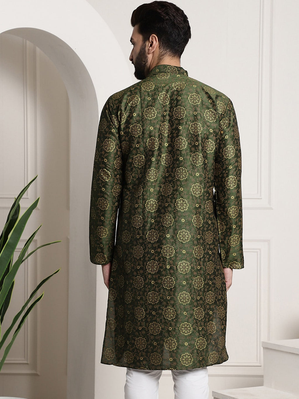 Sojanya Men Green & Brown Ethnic Motifs Printed Kurta | Grocsy