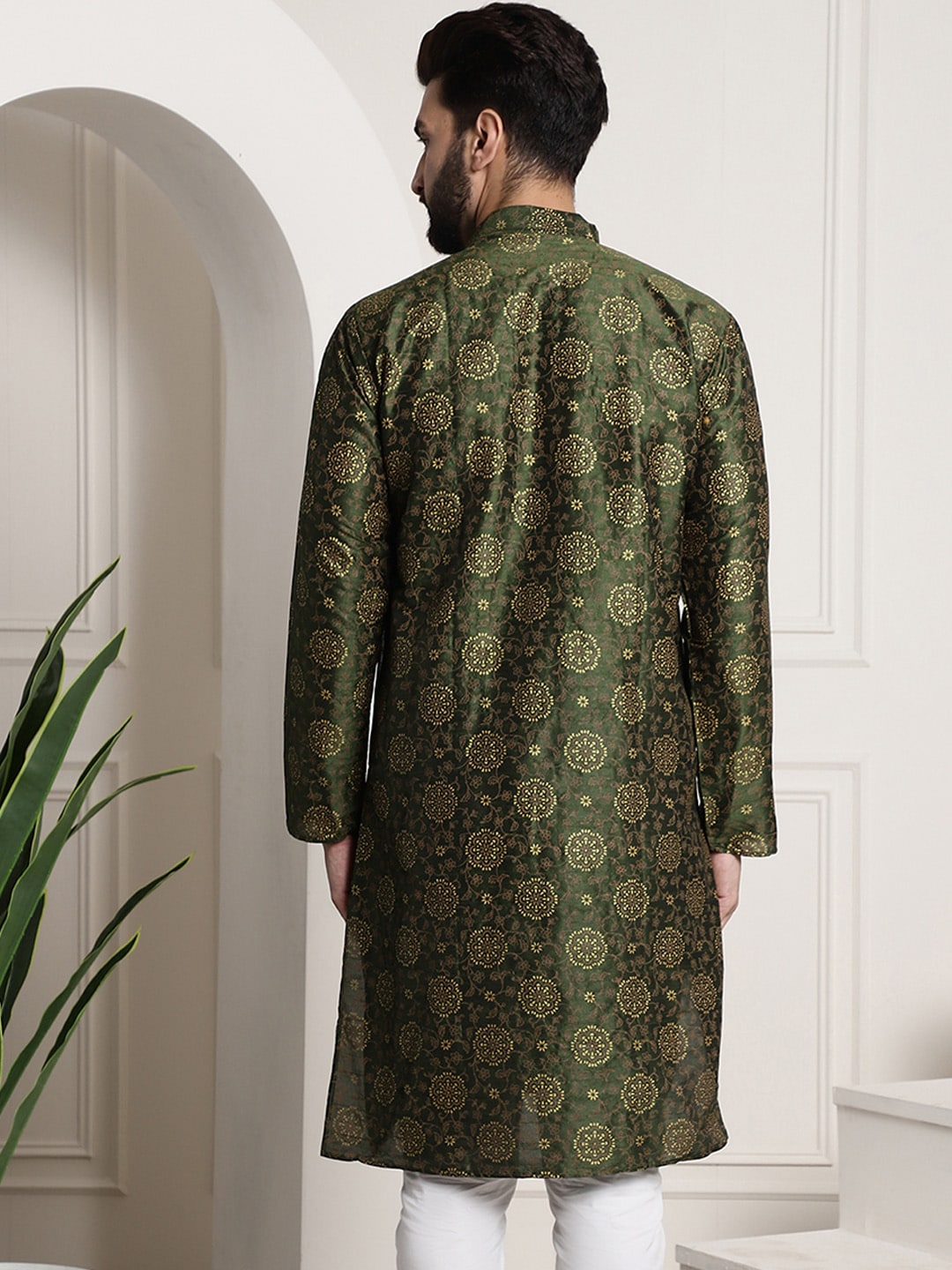 Sojanya Men Green & Brown Ethnic Motifs Printed Kurta | Grocsy