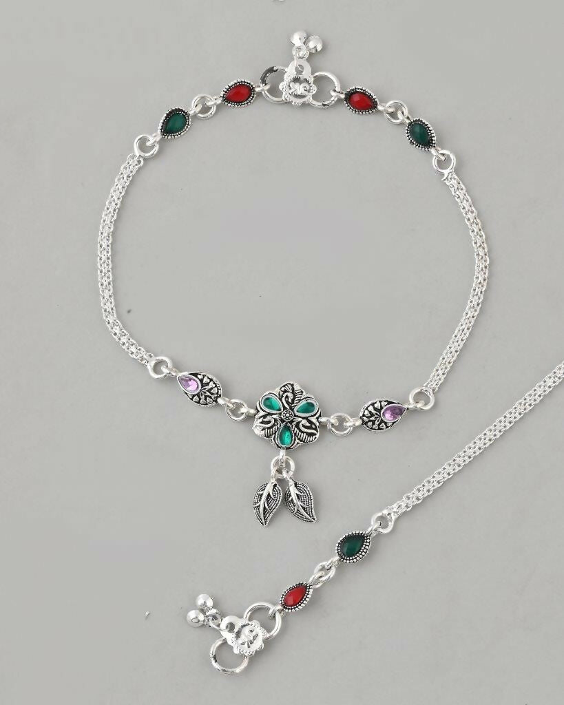 VOJ Set of 2 Traditional Stone Studded Flower Shaped Anklet | Grocsy