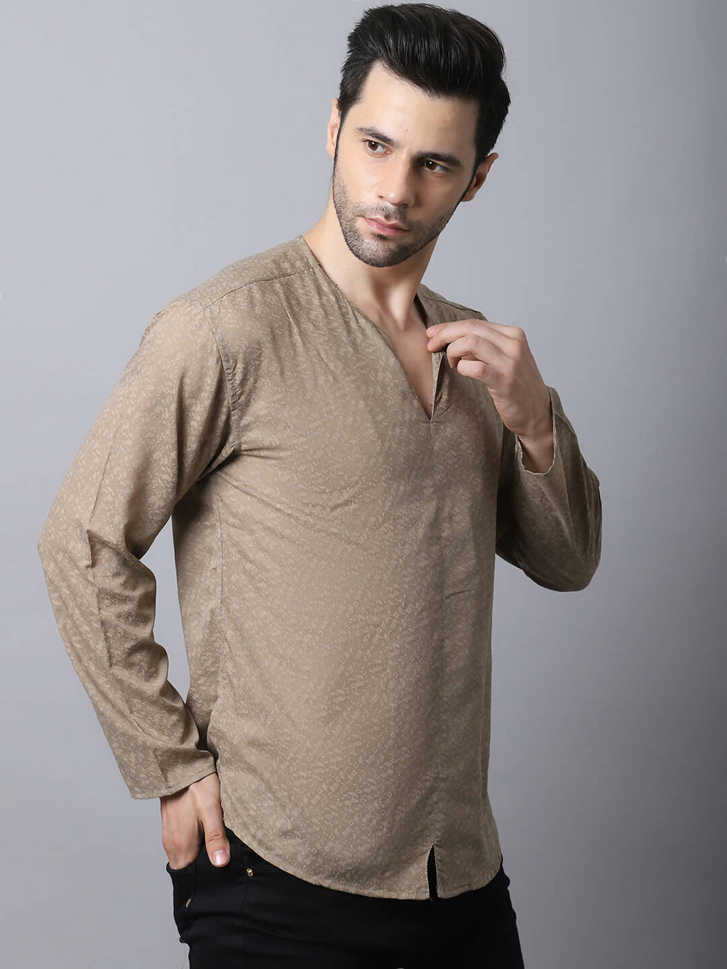 Even Apparels Beige Pure Cotton Round Neck Slit Men's Kurta | Grocsy