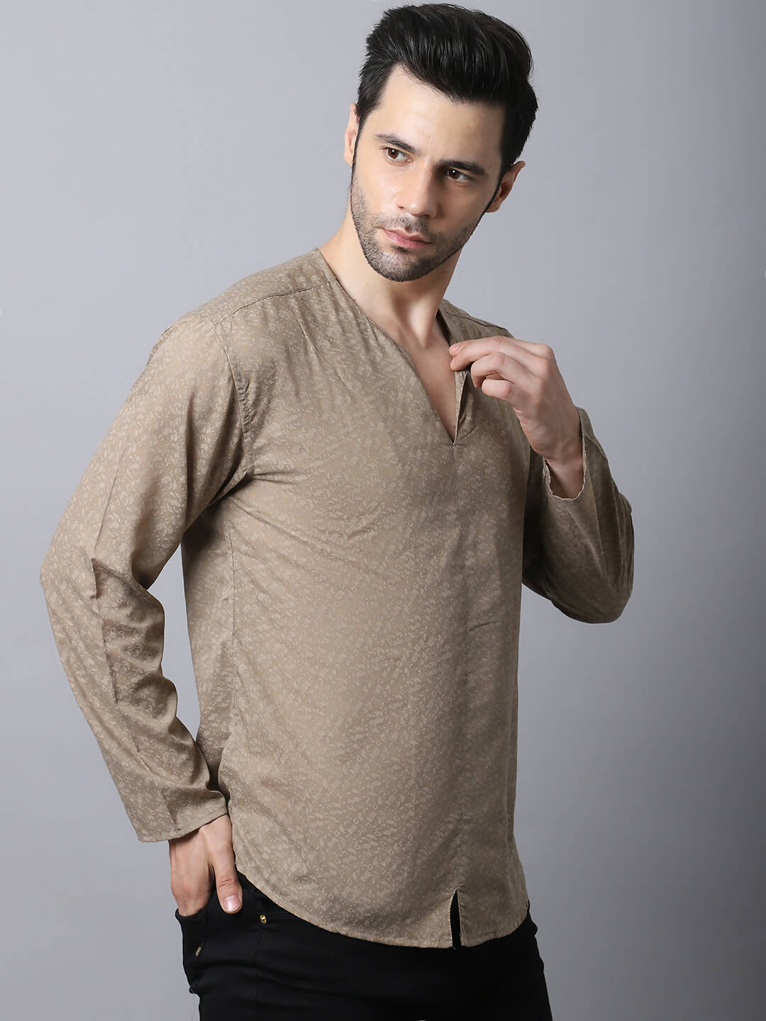 Even Apparels Beige Pure Cotton Round Neck Slit Men's Kurta | Grocsy