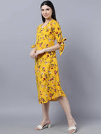 Myshka Women Yellow Floral Printed Flared Sleeves Thread Work Crepe Kurta | Grocsy