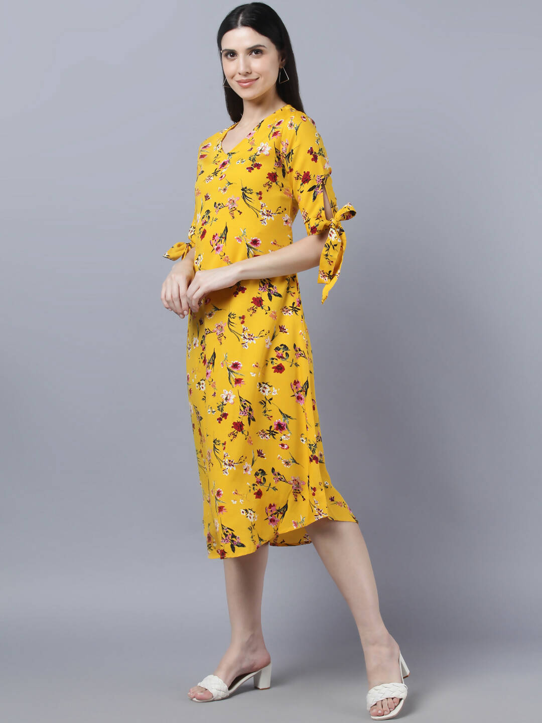 Myshka Women Yellow Floral Printed Flared Sleeves Thread Work Crepe Kurta | Grocsy