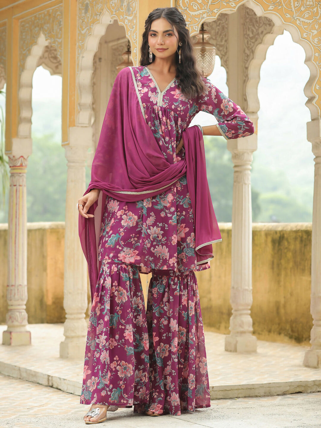 Janasya Purple Georgette Floral Kurta,Bottom & Dupatta | Grocsy