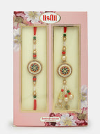 NVR Women & Men Set of 2 Gold-Toned Stone-Studded & Beaded Bhaiya Bhabi Rakhi With Roli Chawal | Grocsy