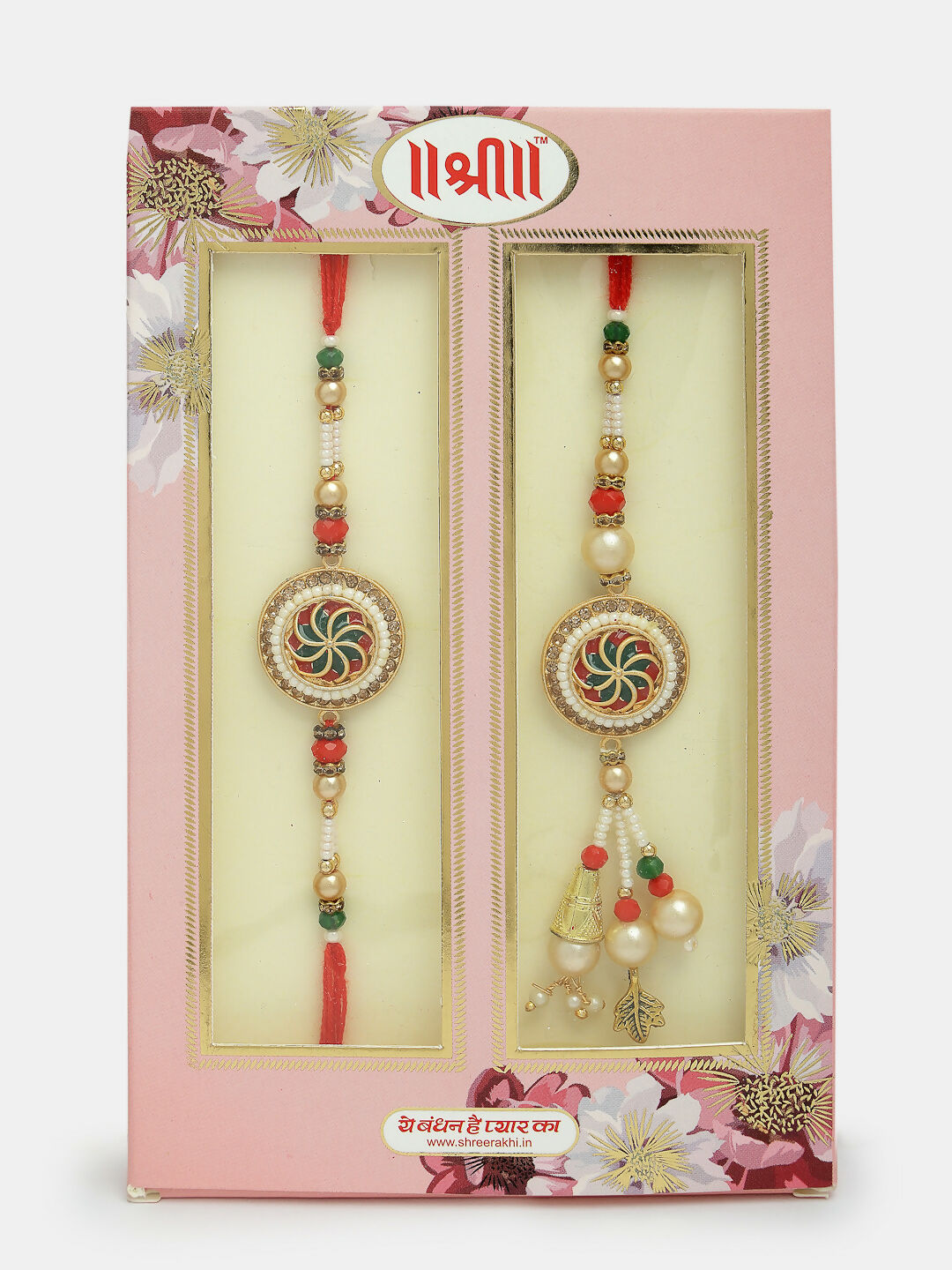 NVR Women & Men Set of 2 Gold-Toned Stone-Studded & Beaded Bhaiya Bhabi Rakhi With Roli Chawal | Grocsy