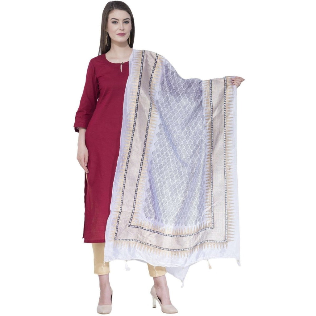 A R Silk Women's Gold Print Silk White Dupattas and Chunnis | Grocsy