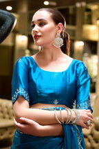 Vastranavya Sea Blue Embroidery Work Shimmer Chiffon Saree with Unstitched Blouse | Grocsy