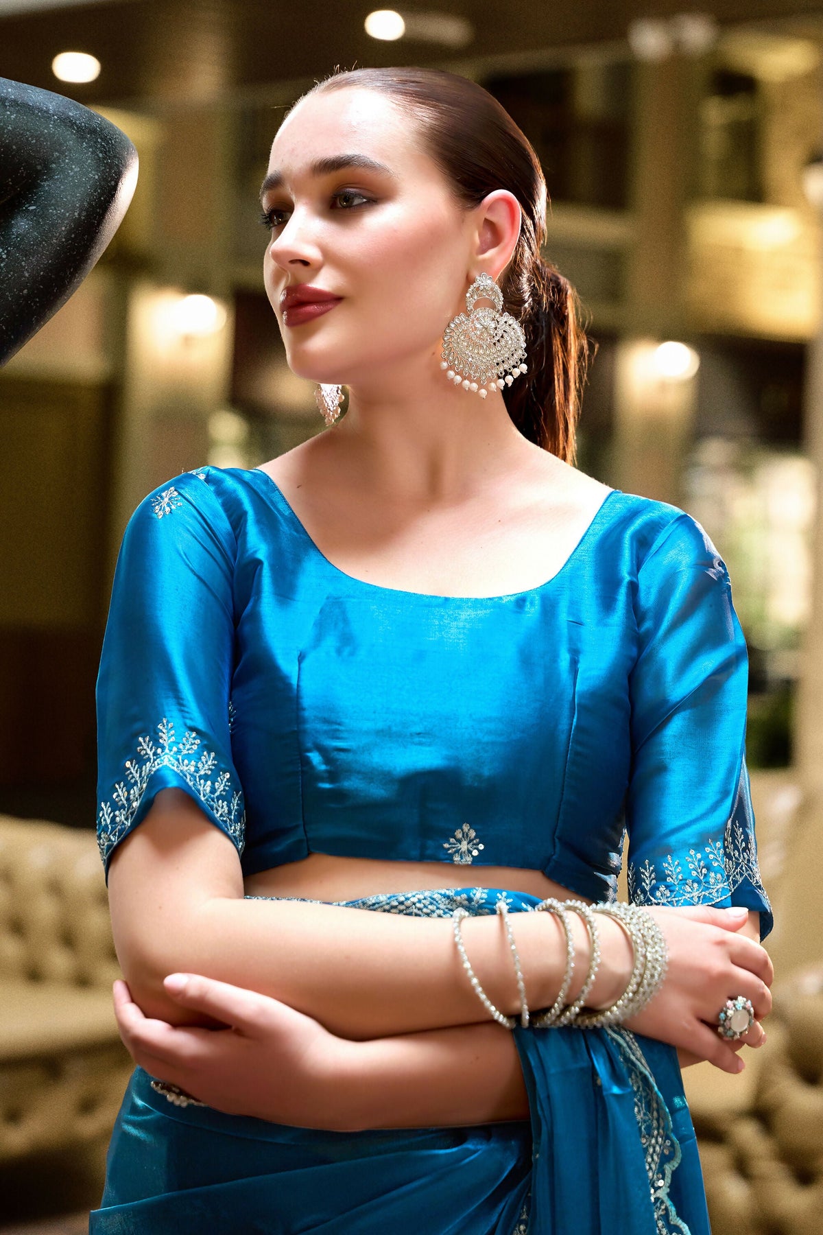 Vastranavya Sea Blue Embroidery Work Shimmer Chiffon Saree with Unstitched Blouse | Grocsy