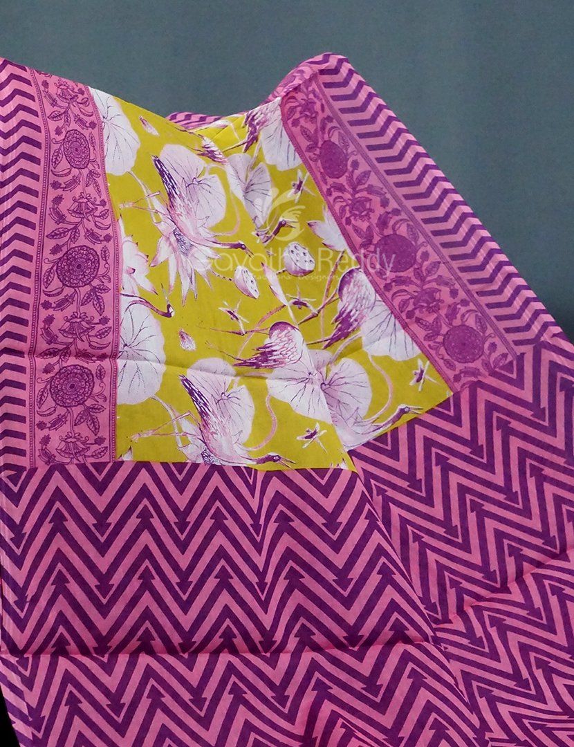Block Print Lime Green Coloured Mulmul Cotton Saree By Gayathri Reddy Designer Studio | Grocsy