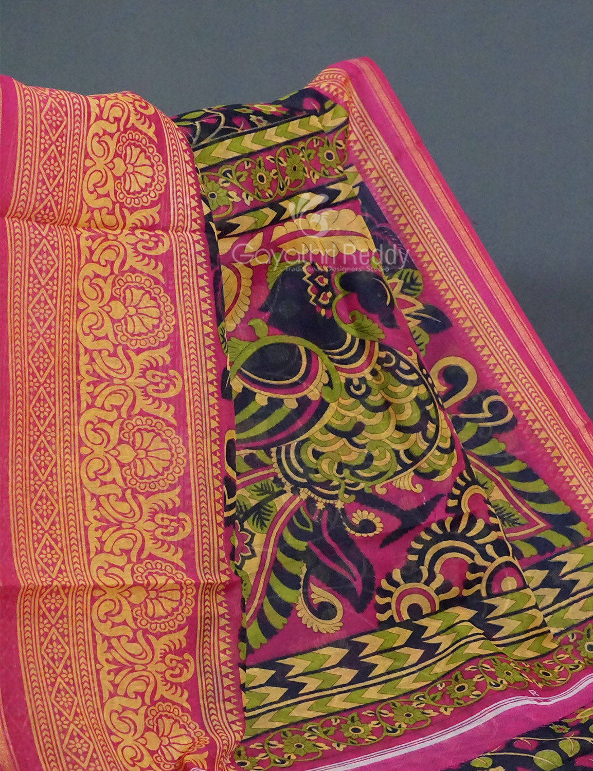 Shades of Navy Blue Colour Kalamkari Design Semi Chanderi Saree By Gayathri Reddy Designer Studio | Grocsy