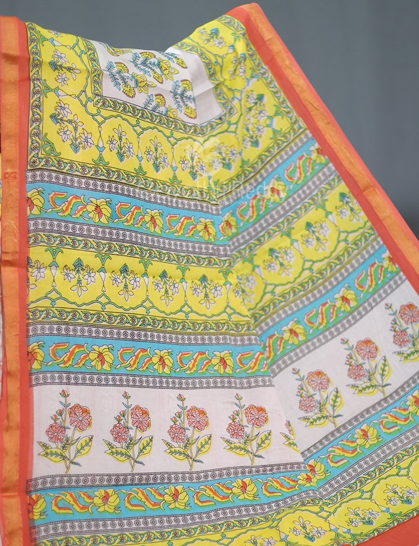 Creame Coloured Combination Printed Cotton Saree By Gayathri Reddy Designer Studio | Grocsy