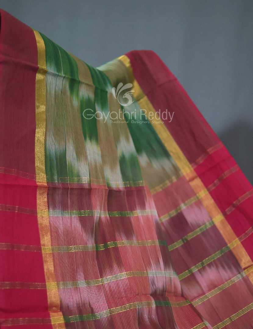 Dual Shades of Mango Green And Mustard Mangalagiri Ikkat Cotton Saree By Gayathri Reddy Designer Studio | Grocsy