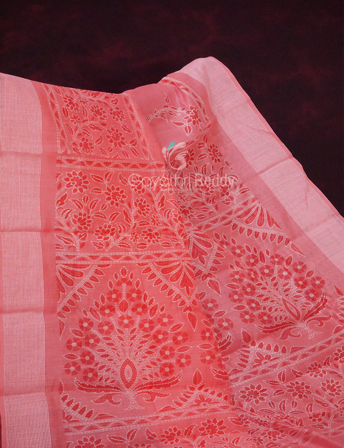 Peach Coloured Block Print Semi Chanderi Saree By Gayathri Reddy Designer Studio | Grocsy