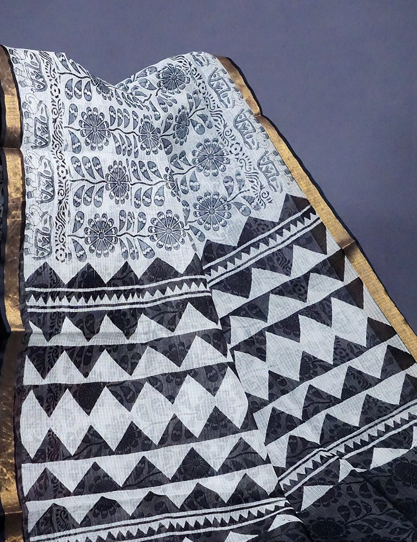 White And Grey Colour Block Print Pure Kota Cotton Saree By Gayathri Reddy Designer Studio | Grocsy
