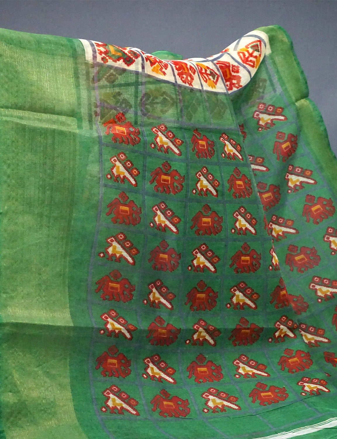 Shades of Light Apple Green And Parrot Green Colour Blouse Ikat Design Semi Chanderi Saree By Gayathri Reddy Designer Studio | Grocsy