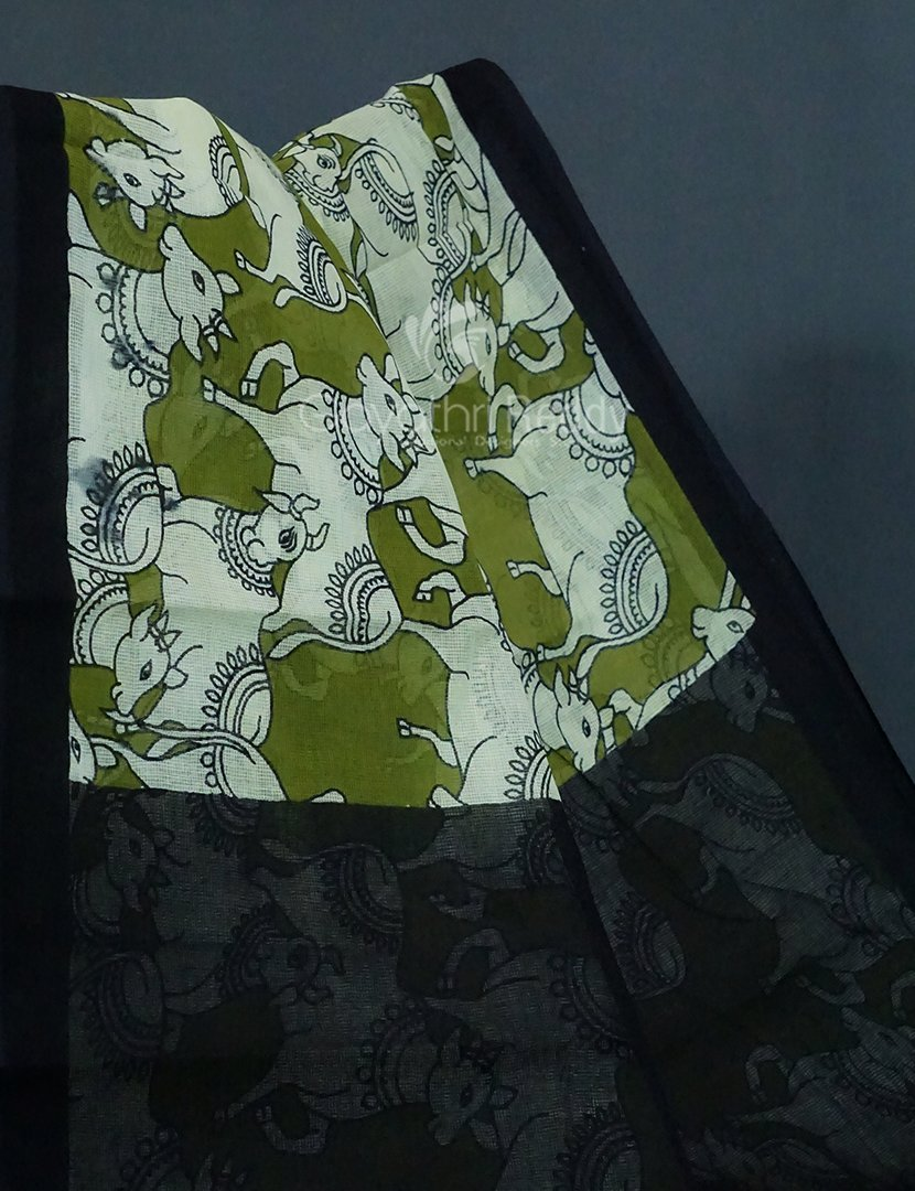 Shades of Mehndi Green And Black With Pichwai Print Munga Cotton Saree By Gayathri Reddy Designer Studio | Grocsy