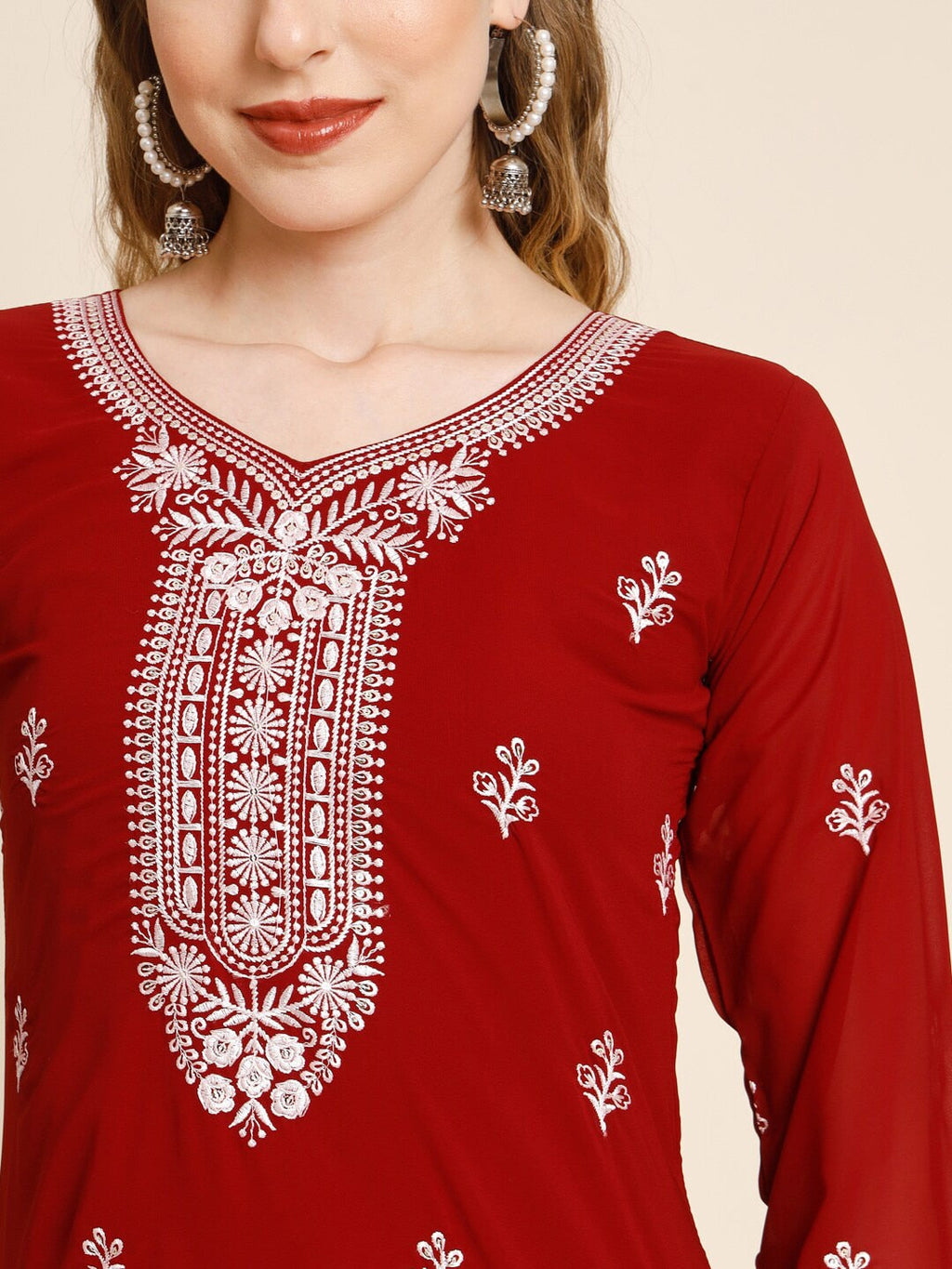 HERE&NOW Women Floral Embroidered Thread Work Georgette Kurta | Grocsy