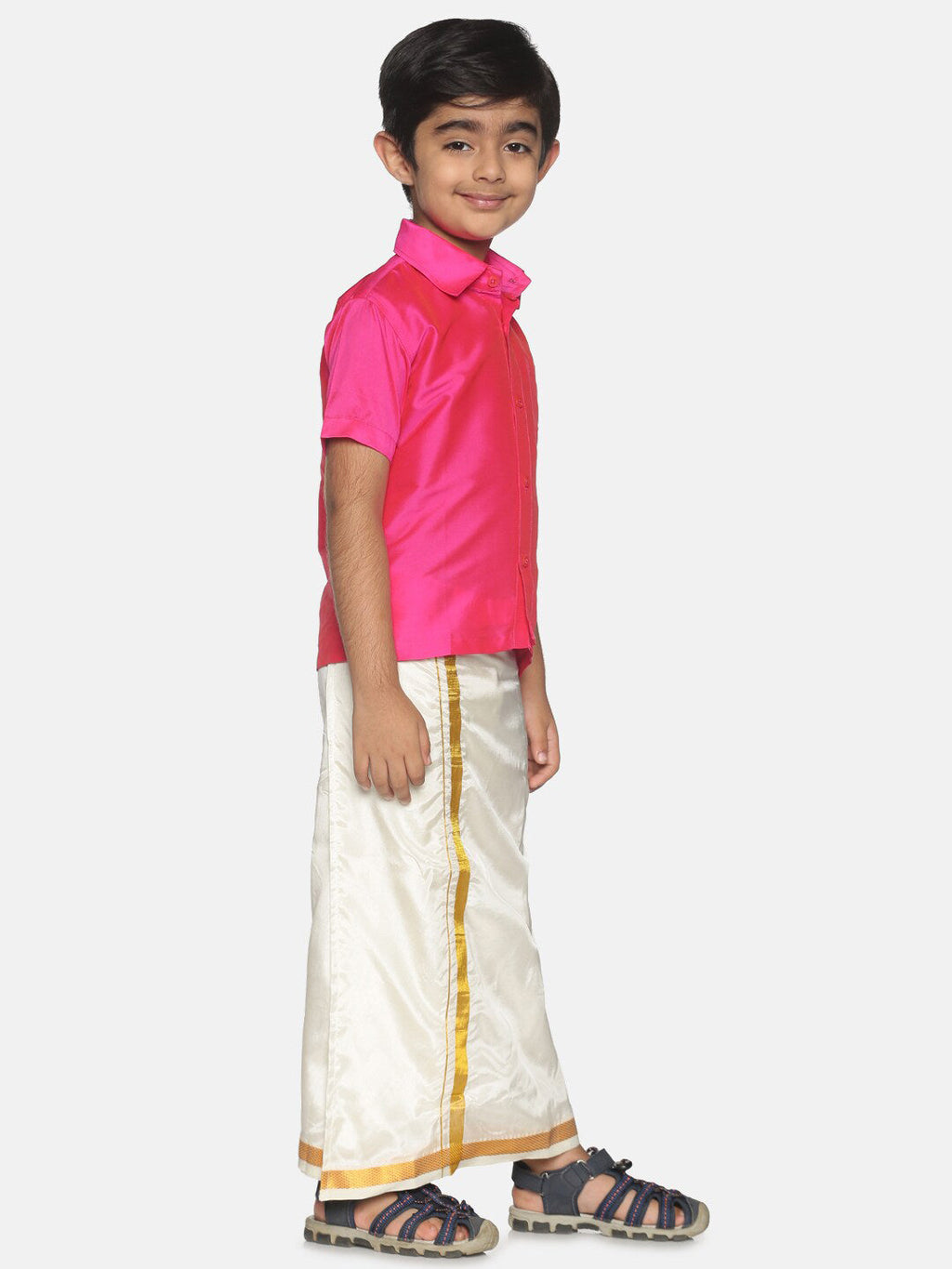 Sethukrishna Pink & White Shirt with Veshti Set For Boys | Grocsy