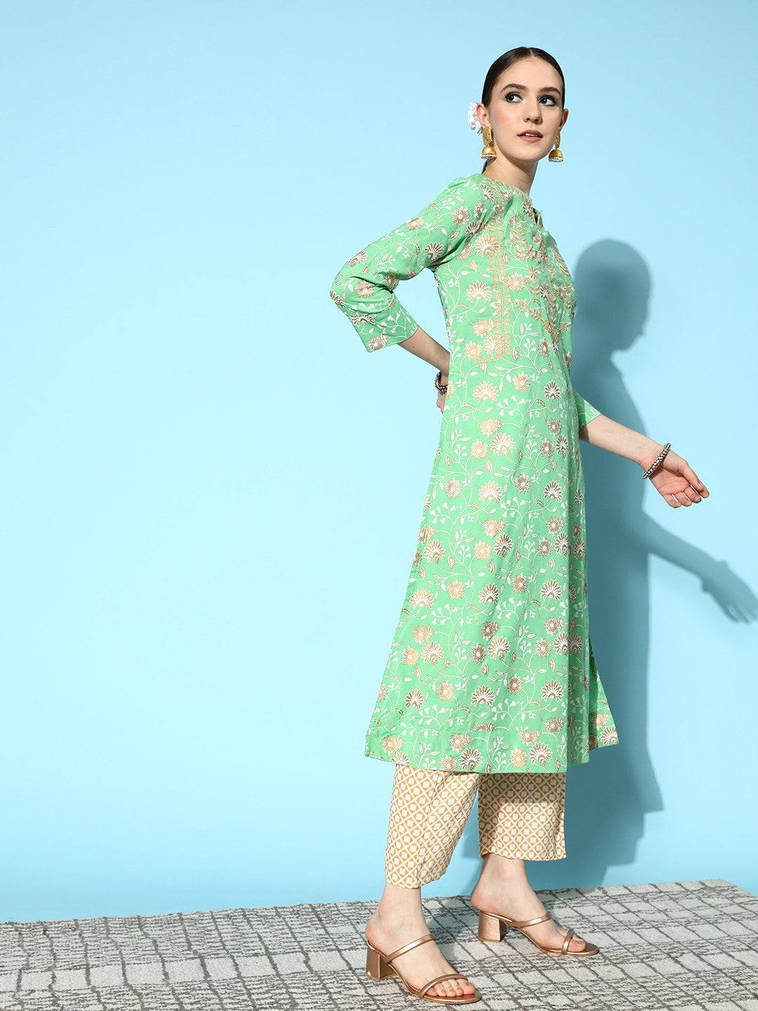 HERE&NOW Women Ethnic Motifs Printed Thread Work Kurta with Trousers & Dupatta | Grocsy