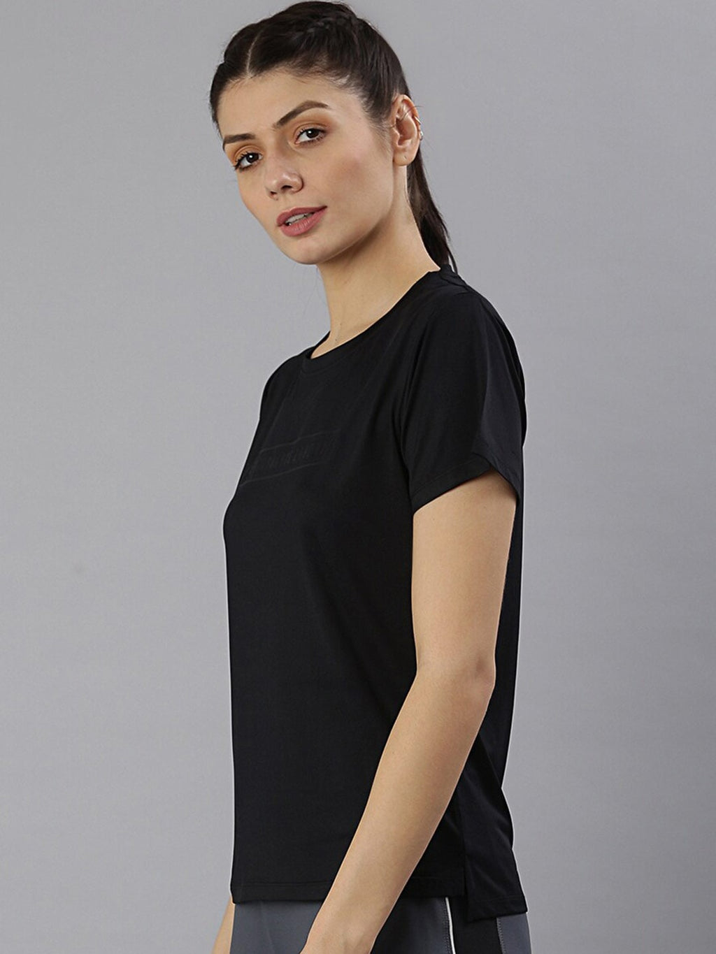 MKH Women Black Typography Dri-FIT Polyester Round Neck Sports T-shirt | Grocsy