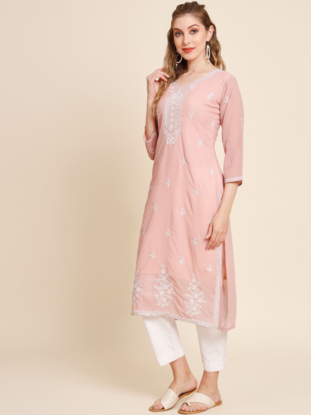 HERE&NOW Ethnic Motifs Embroidered Sequined Georgette Kurta | Grocsy