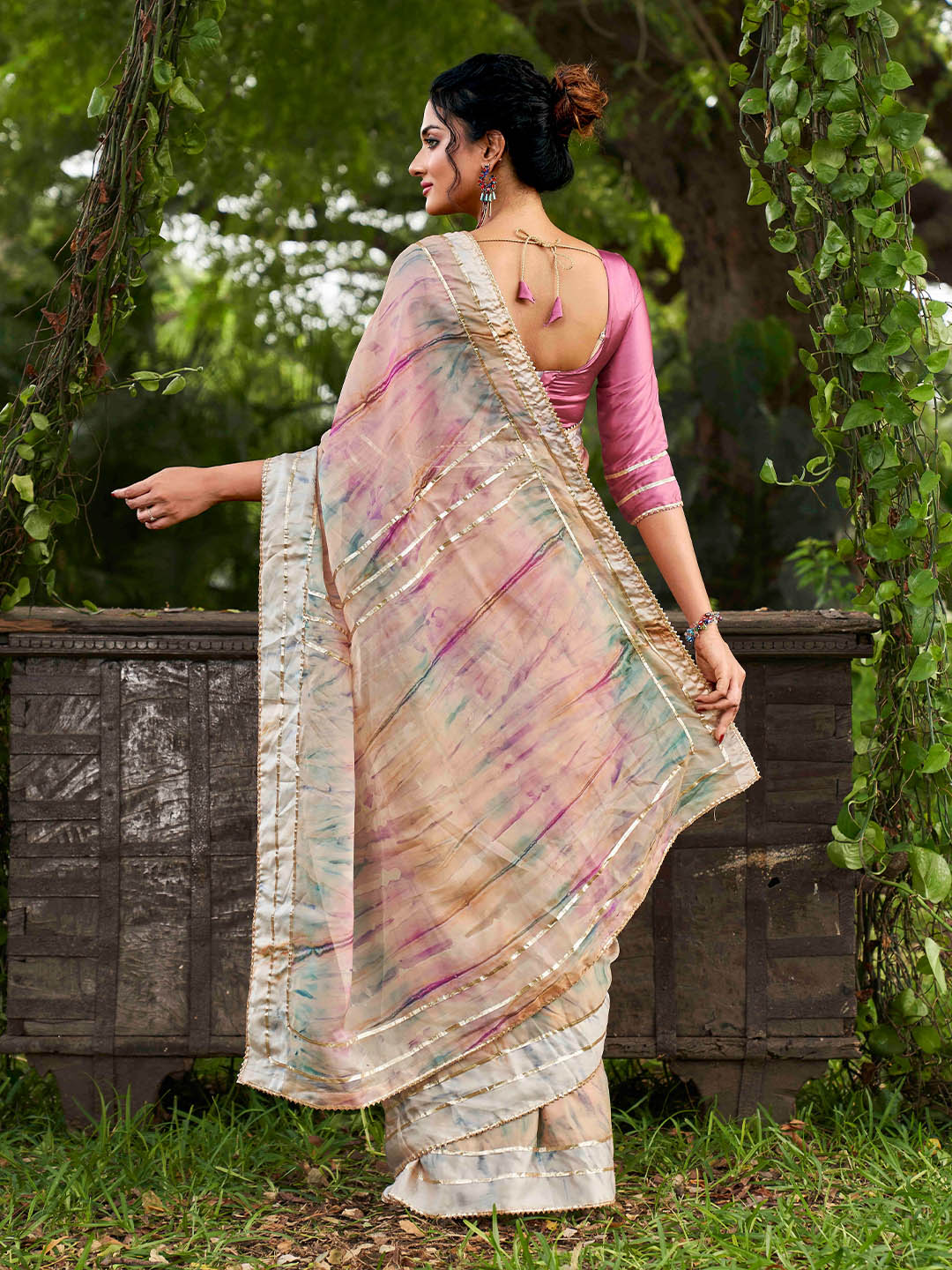 Tikhi Imli Peach Tie and Dye Gotta Patti Organza Saree | Grocsy