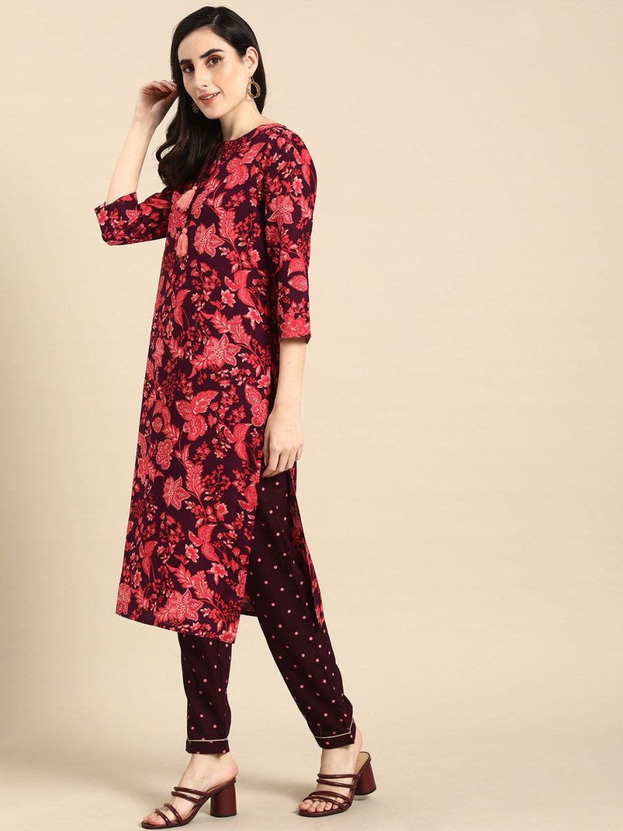 All About You Women Purple & Red Floral Printed Regular Kurta with Trousers | Grocsy