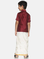 Sethukrishna Boys Maroon & White Solid Shirt and Veshti Set | Grocsy