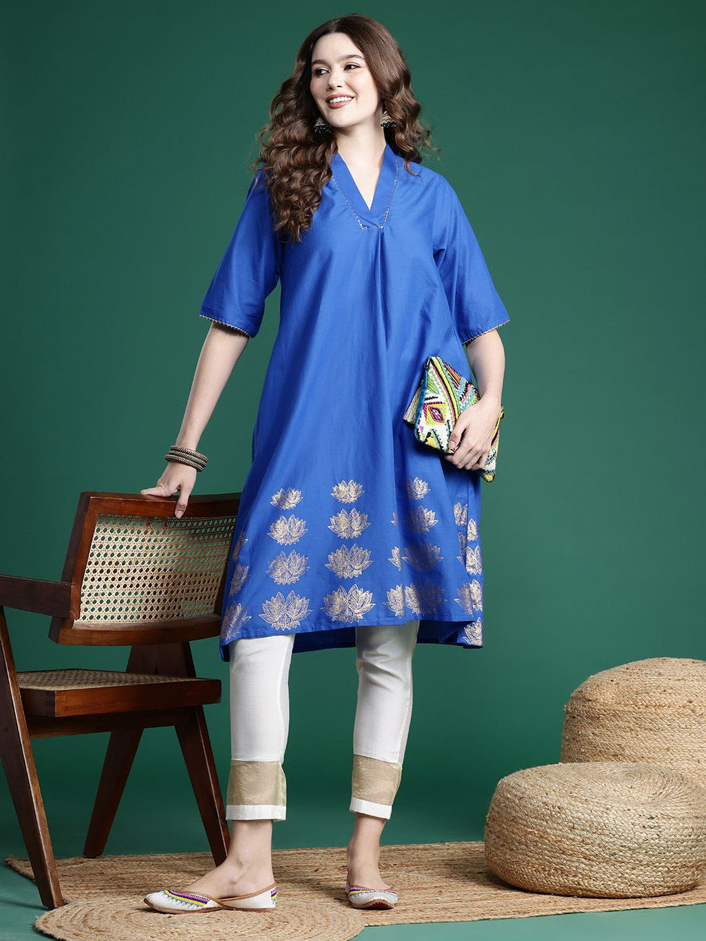Sangria Floral Foil Printed Gota Patti Detailed A-Line Kurta | Grocsy